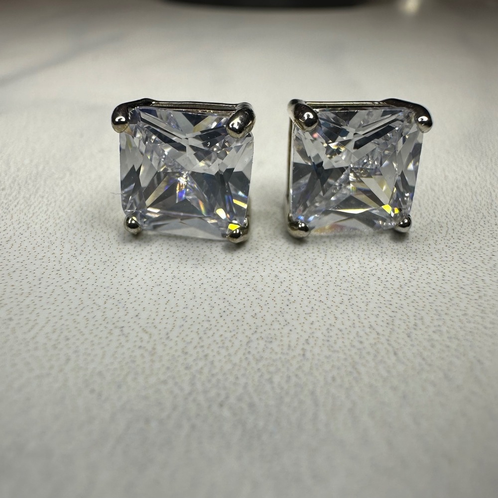 Princess‎ Cut CZ Stud Earrings Sterling Silver Mens Womens Square Gemstone 925